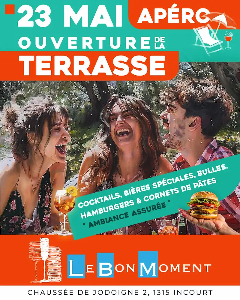 Ouverture de la terrasse Le Bon Moment le 23 mai à Incourt : apéro en plein air avec cocktails, bières spéciales, burgers et ambiance festive